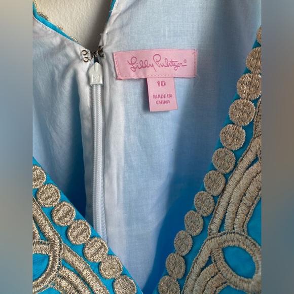 Lilly Pulitzer Bentley Shift Dress Searulean Blue Gold Embroidered Size 10 - Picture 13 of 13